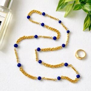 Vintage Gold & Cobalt Blue Beaded Necklace